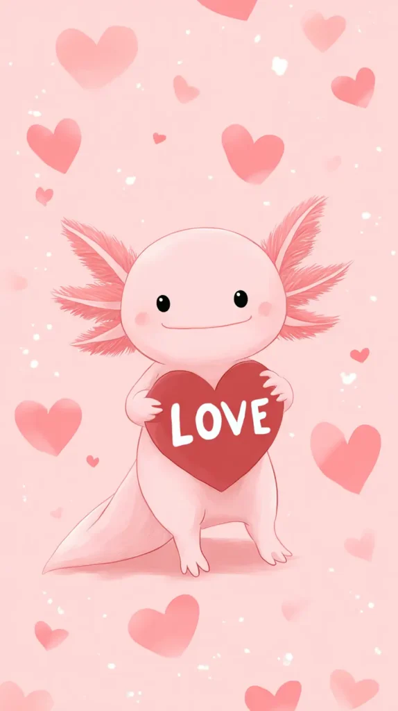 axolotl holding the word love on a red heart