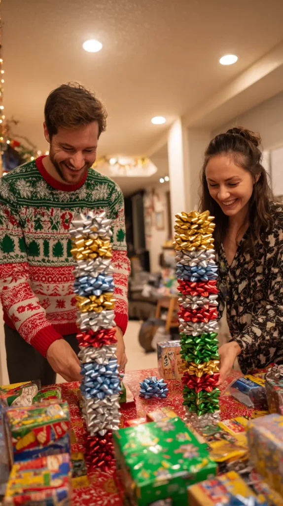 couple stacking Christmas bows playing a game