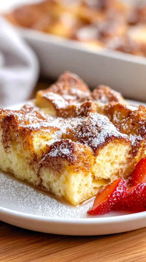 french toast bake with powdered sugar and strawberries