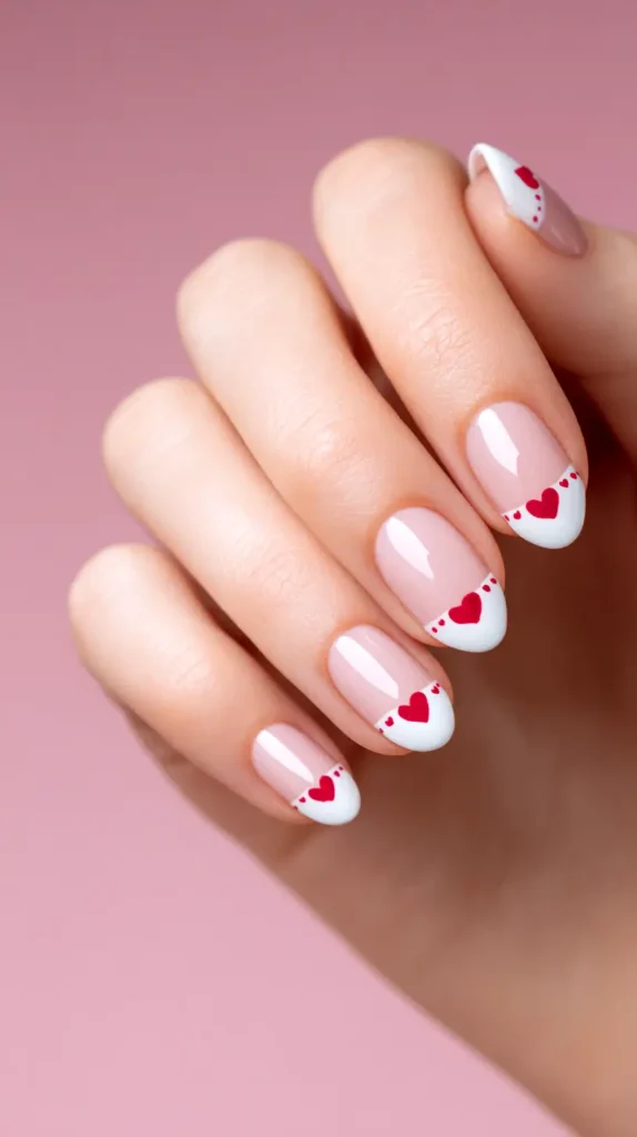 heart nails, white tips, red hearts and accent