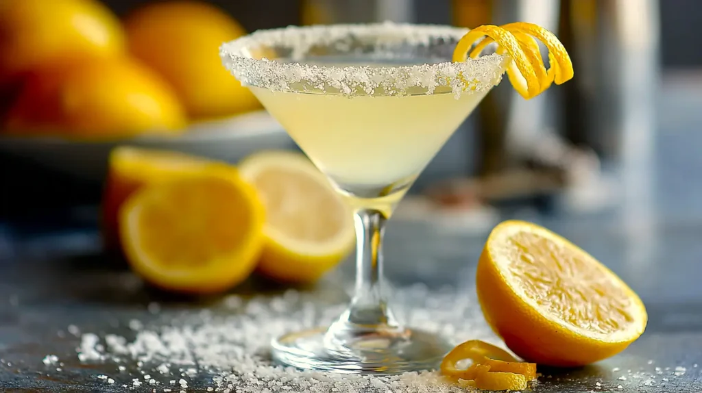 finished lemon drop martini, lemon, sugar