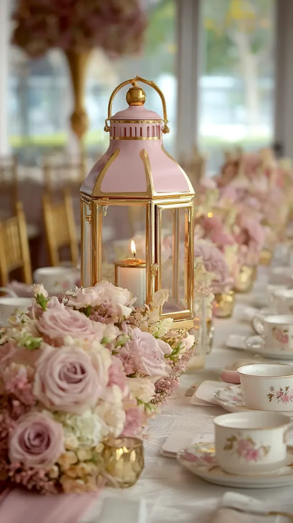 lantern, flowers, pink and gold, plates, cups