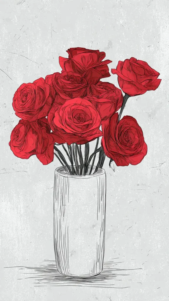 red roses sketch in a vase