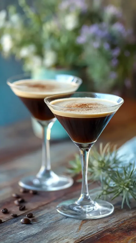 espresso martini, two glasses in front of a vase of flowers