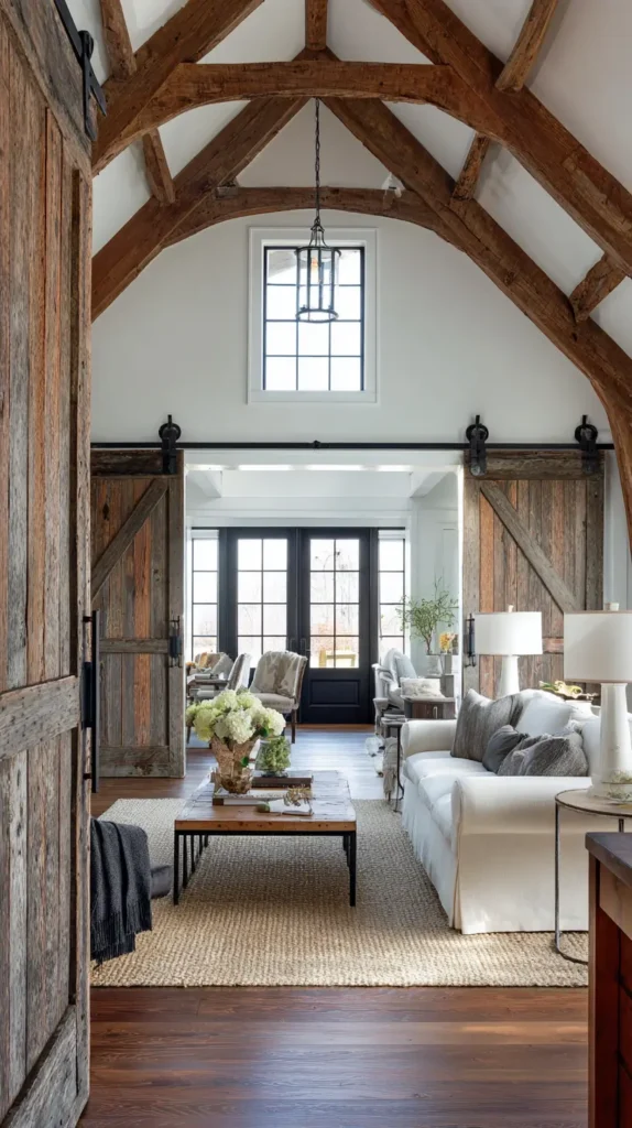 farmhouse living room, wood beams on ceiling