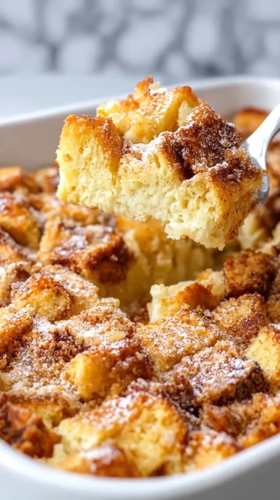 french toast bake, piece being lifted with a fork