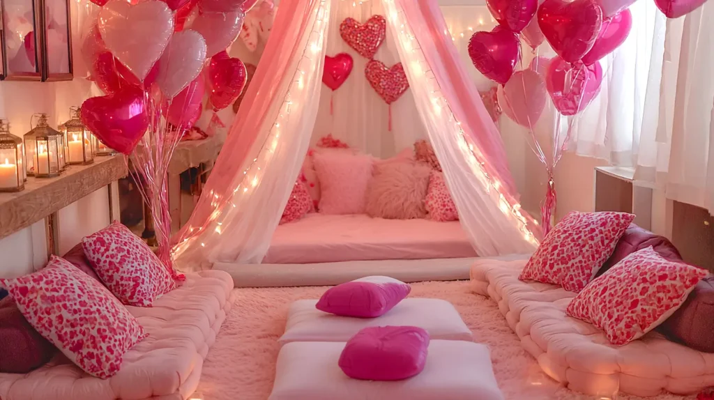 heart and pink sleepover set-up