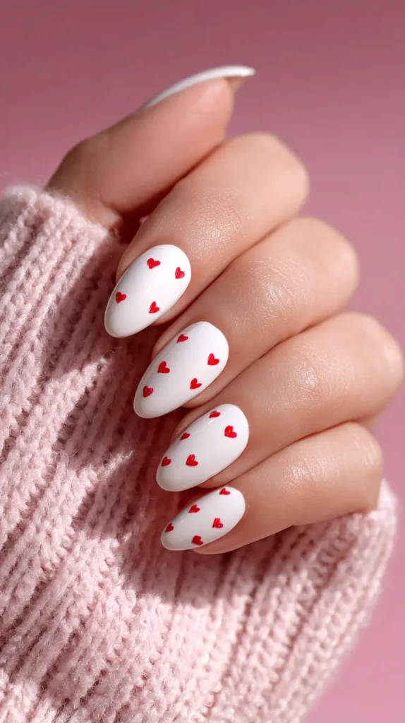 white nails with red hearts