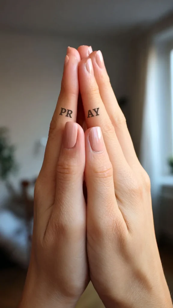 pray spelt out on index finger sides, hands clasped