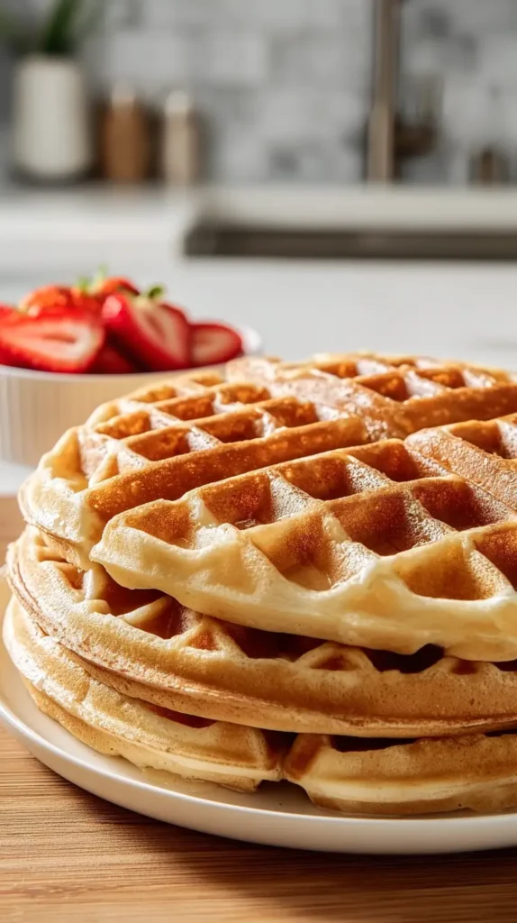 protein waffles, with bowl of strawberries in the background
