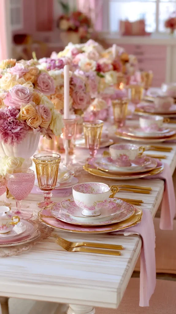 tea party table, pink and gold