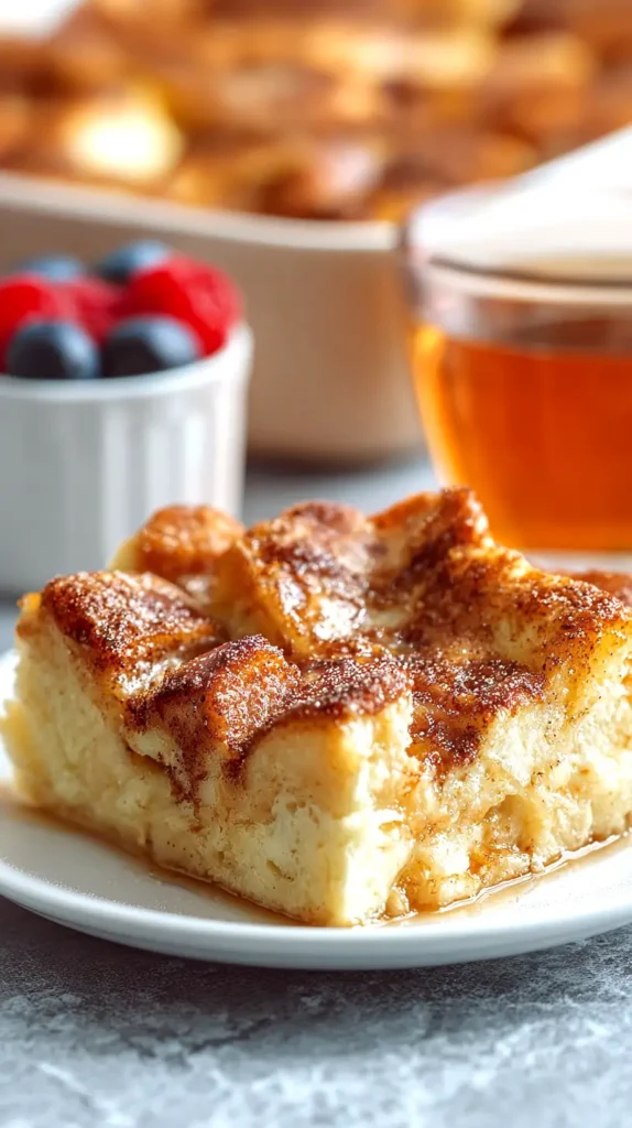 french toast bake piece on a white plate, berries in a bowl to the back