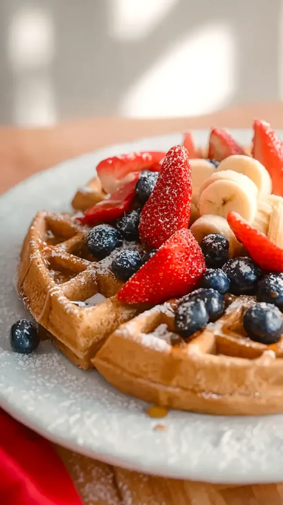 berries and bananas and blueberries topping a waffle