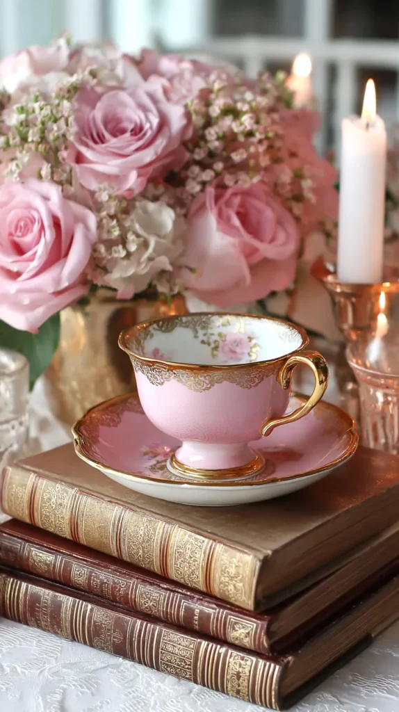 vintage books in a stack, flowers, and pink and gold tea cup and saucer, centerpiece