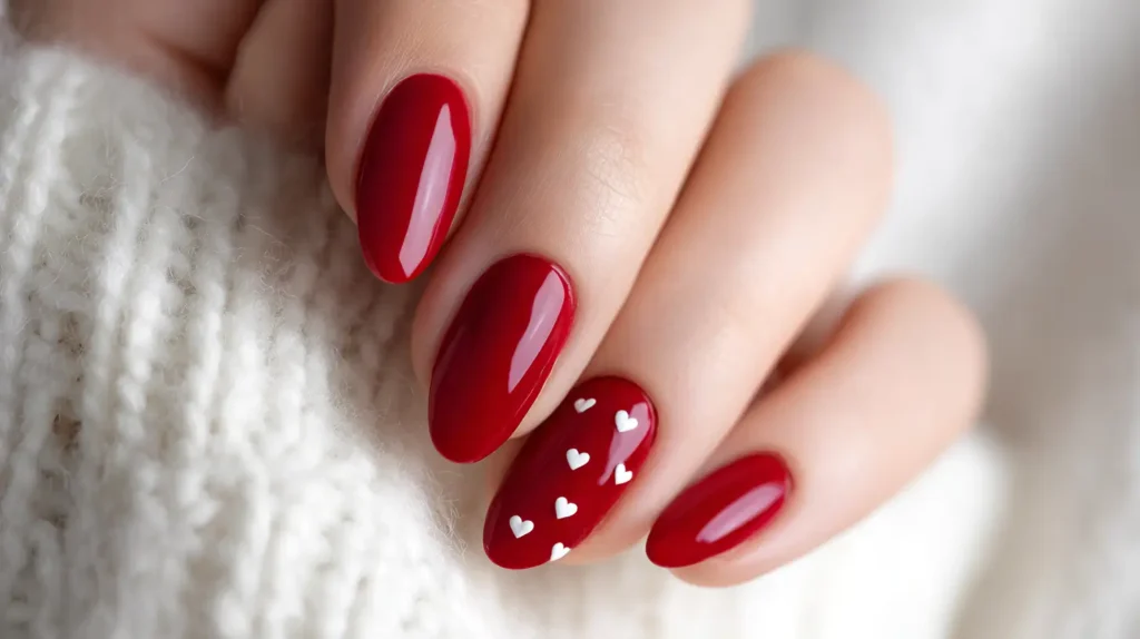 red nails with white hearts on one accent nail