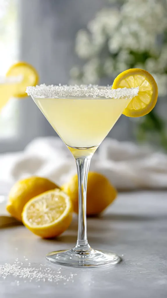 lemon drop martini with a sliced lemon on the sugar rim