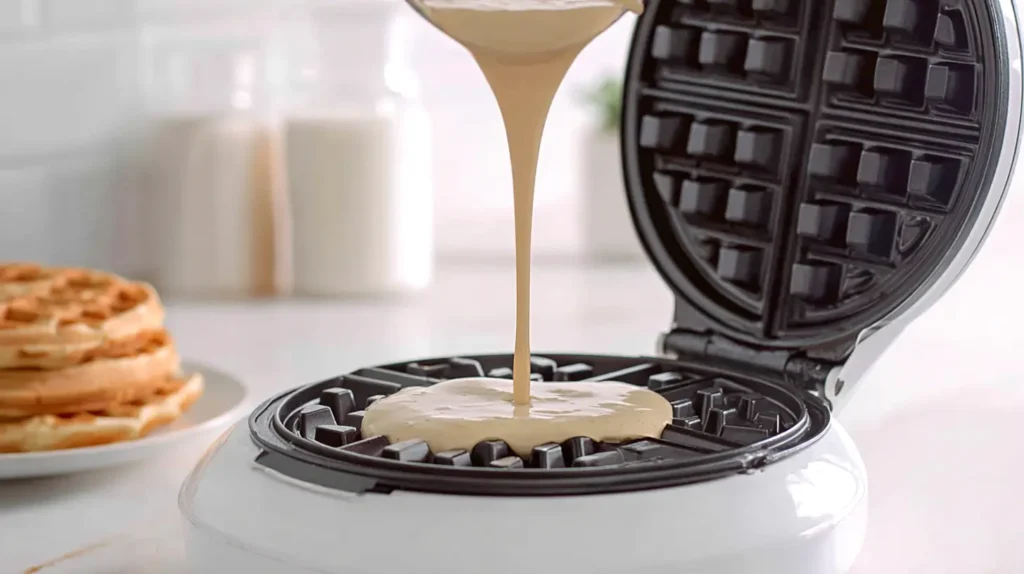 pouring batter into maker