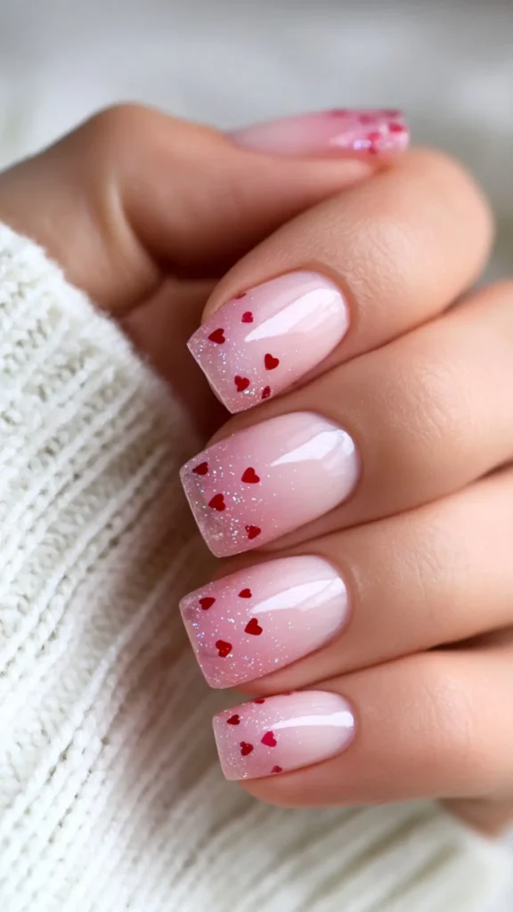 red, white, pink ombre nails, with hearts