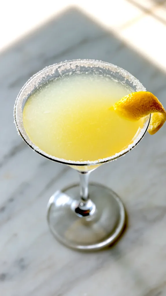 semi-Top-down overhead view of a lemon drop martini in a clear martini glass with a thin sugared rim, pale cloudy lemon-yellow cocktail with a smooth, still surface, lemon peel garnish resting lightly on the rim, glass placed on a light marble surface, bright natural daylight, soft shadows, minimal styling, classic cocktail photography, no bubbles, no carbonation, no people
