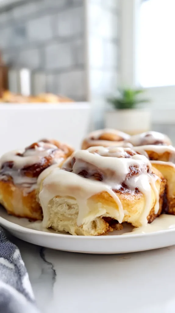 plate of sourdough cinnamon rolls on a kitchen counter