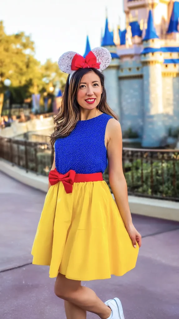 Adult woman wearing a casual Disney bounding outfit photographed outdoors at a theme park.