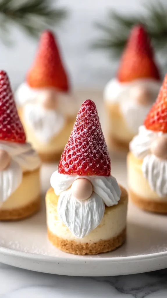 gnome mini cheesecake bites on a white plate