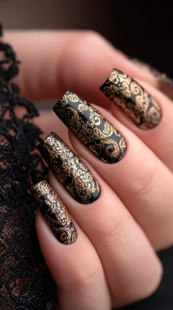 black and gold nails, lace detailing