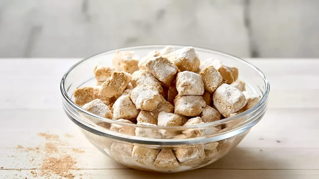 dough pieces in a glass bowl, cinnamon, sugar
