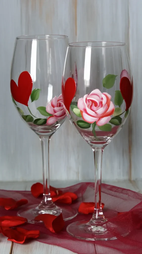 two rose and heart wine glasses