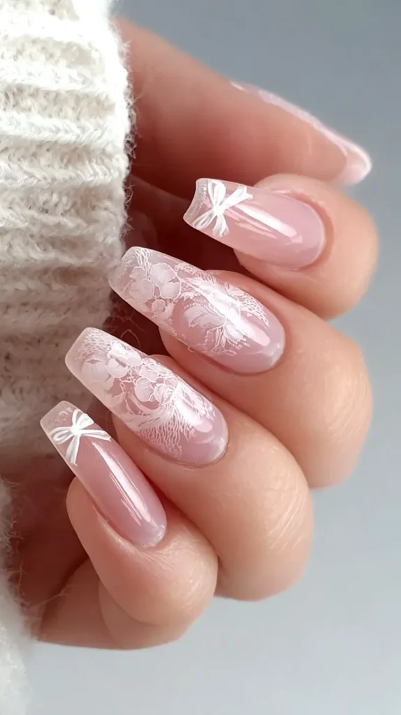 lace nails with bow accents