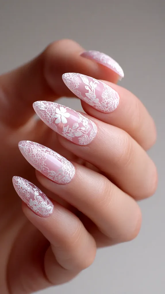 lace nails with flower accent, manicure