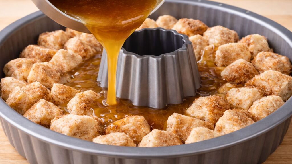 unbaked biscuit dough pieces scattered loosely inside a standard gray fluted bundt pan with a clearly visible raised center tube and hollow circular opening, irregular hand-cut dough chunks in various sizes, pale cream-colored raw dough heavily coated in dry cinnamon and sugar mixture, visible grainy sugar crystals and brown cinnamon specks on the surface, no browning, no baking, no melting, dough still soft and matte, not glossy, not puffed, golden brown butter sauce being poured over the raw dough from a small saucepan, thick amber stream landing between the dough pieces, light wooden butcher block counter underneath