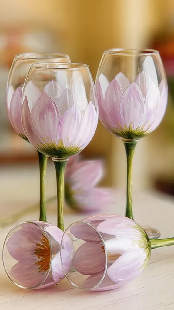 tulip design painted wine glasses