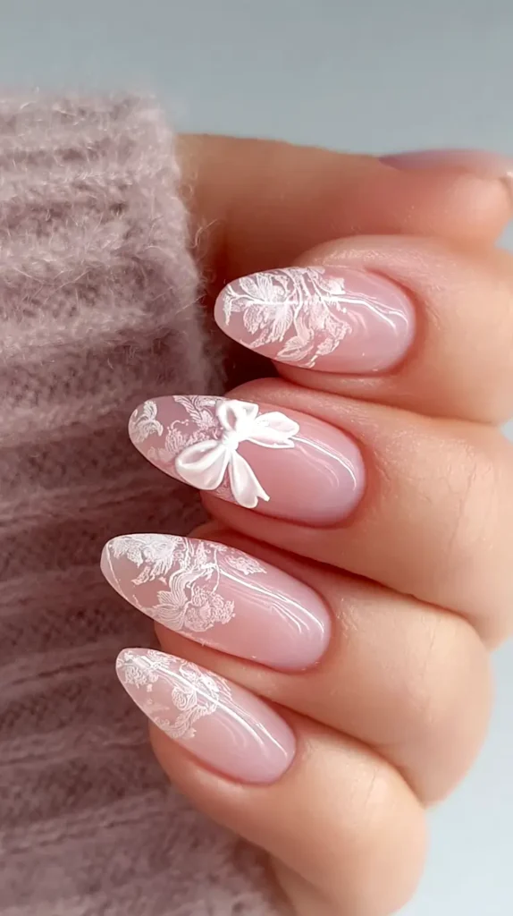 lace nails with white bow accent