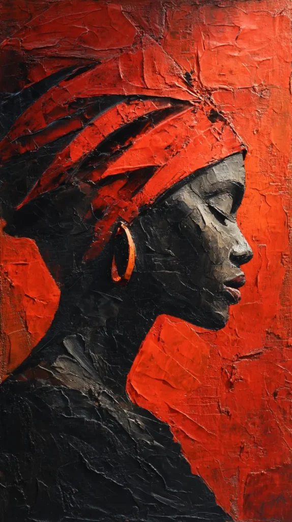 African woman, dark colors, red