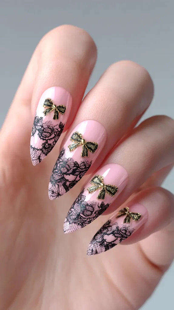 lace nails, black, pink, gold
