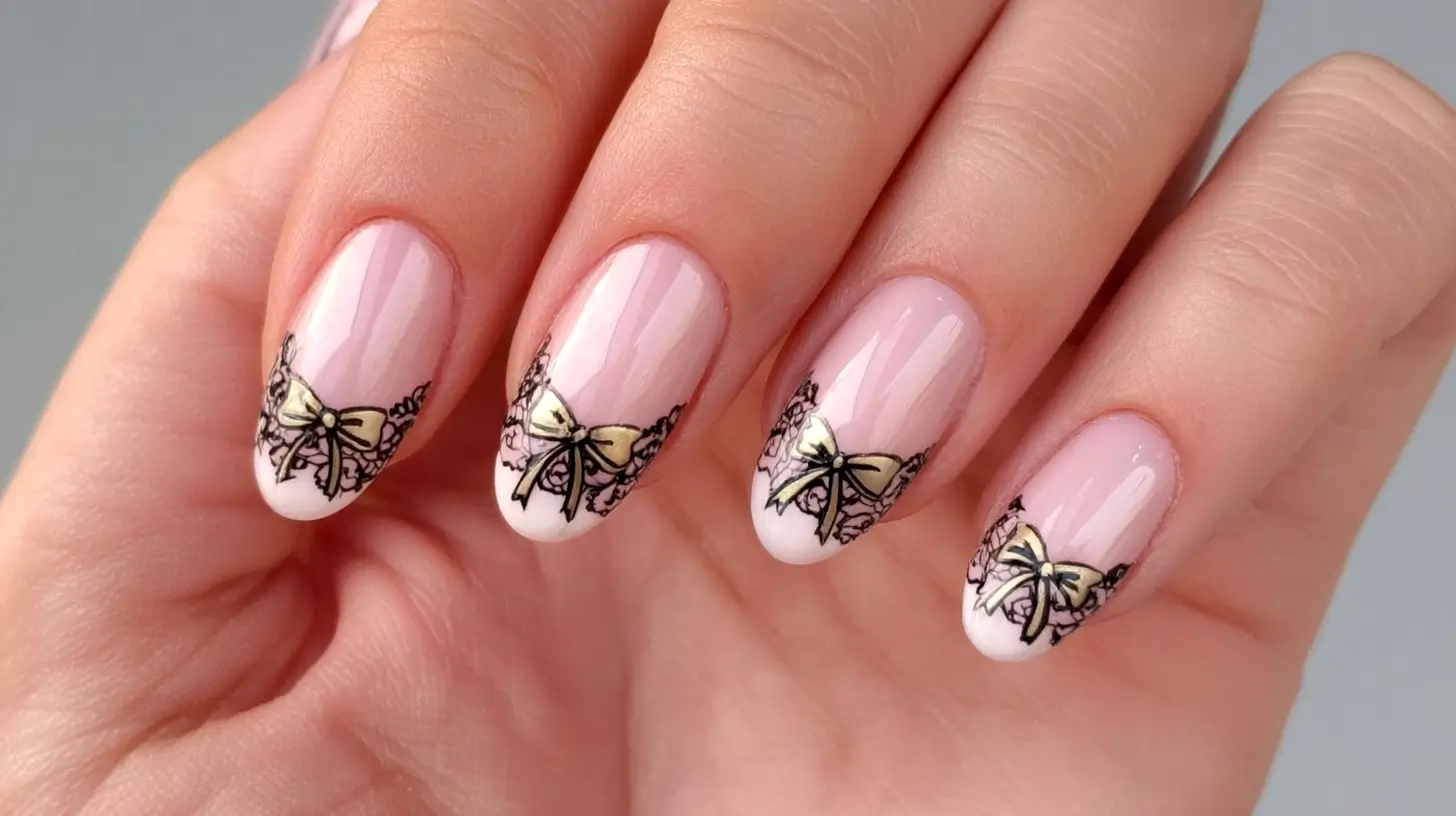 pink nails with black lace detailing and gold bows