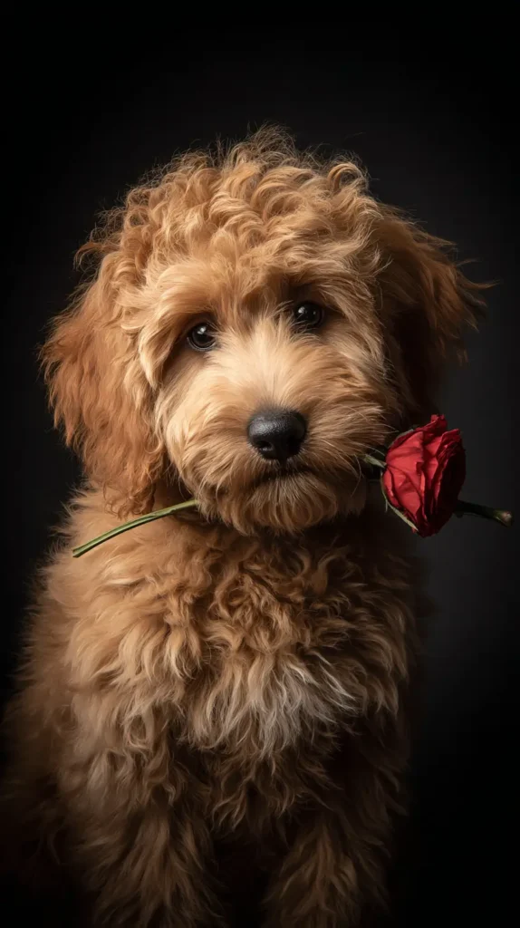 Goldendoodle with rose in mouth