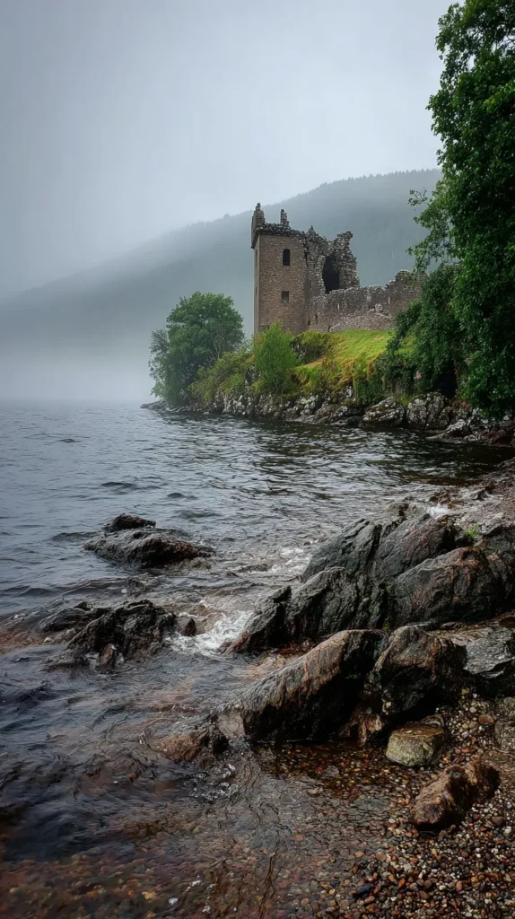 scotland wallpaper, water, castle, stones, shoreline