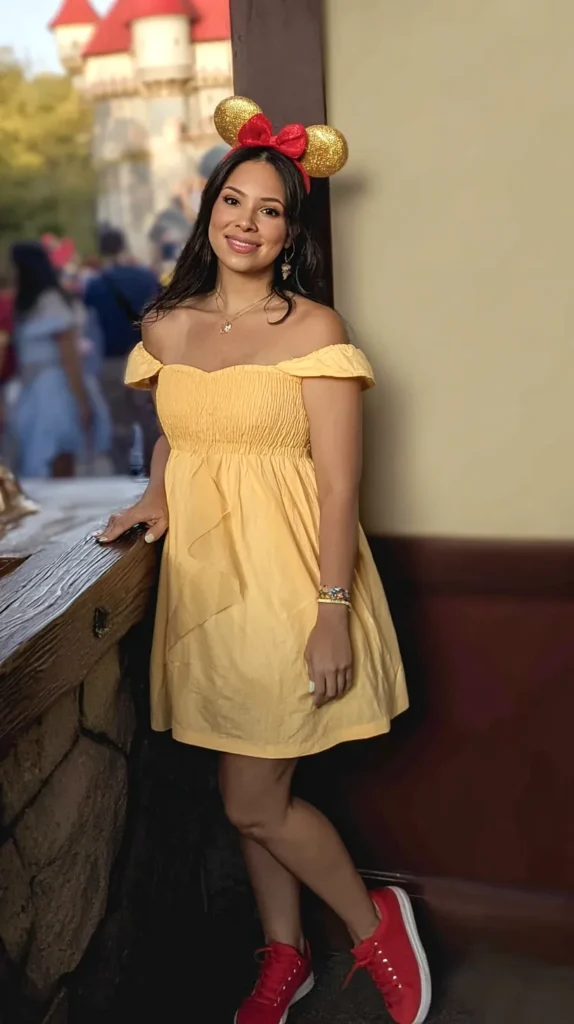 Woman styled in a playful Disney-inspired outfit standing in a theme park setting.
