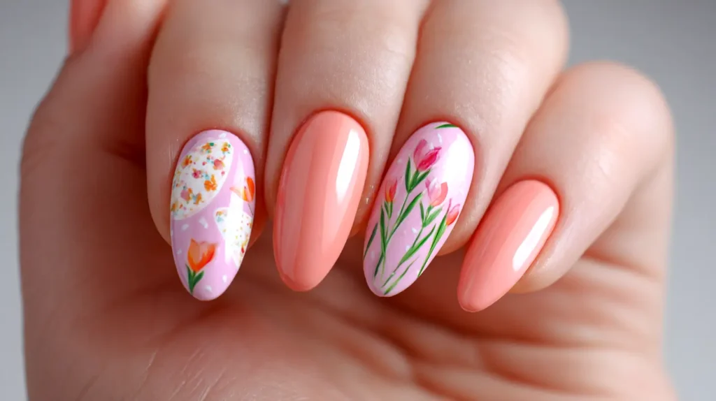 coral, floral, pink, manicure