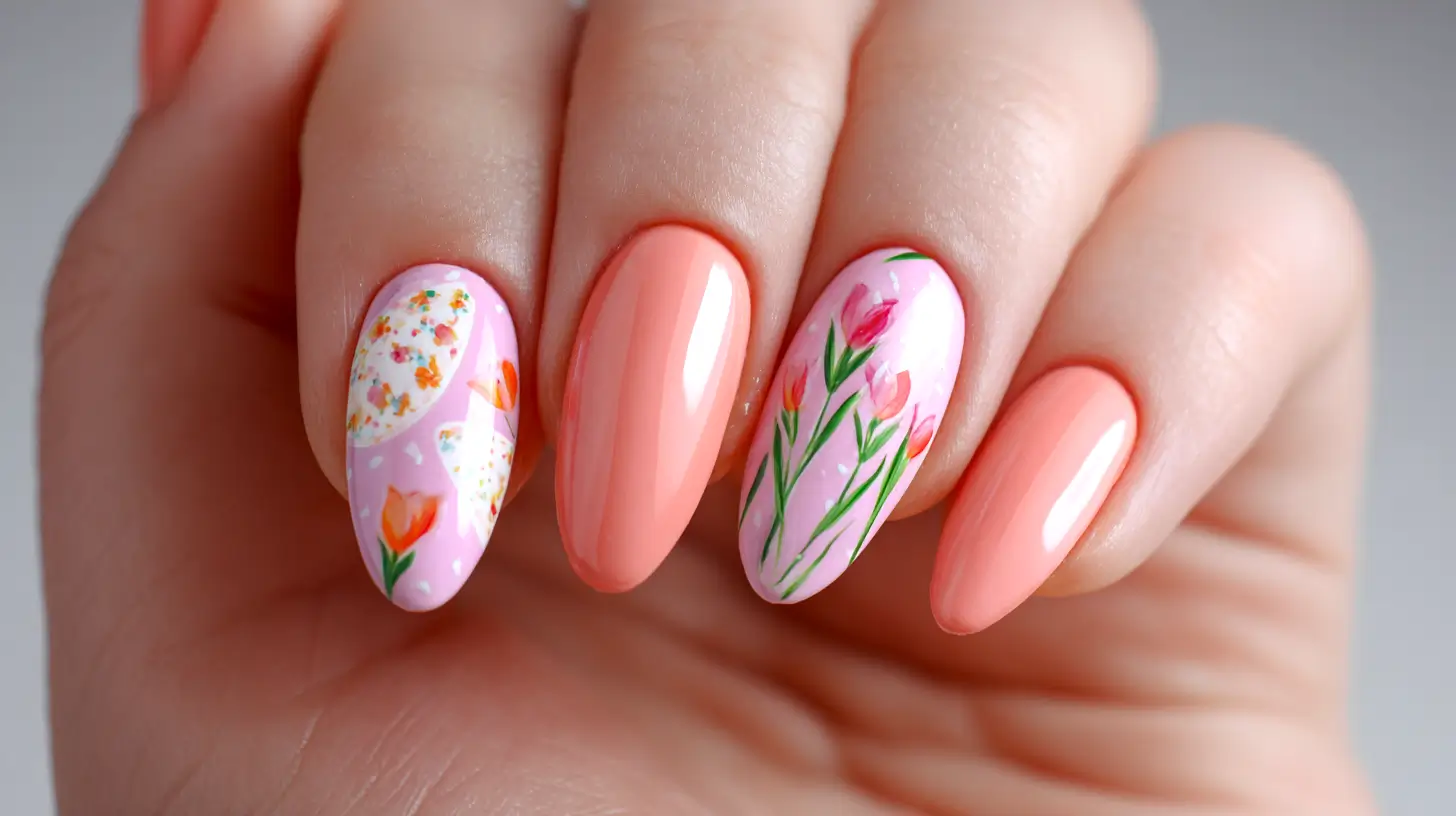 coral, floral, pink, manicure