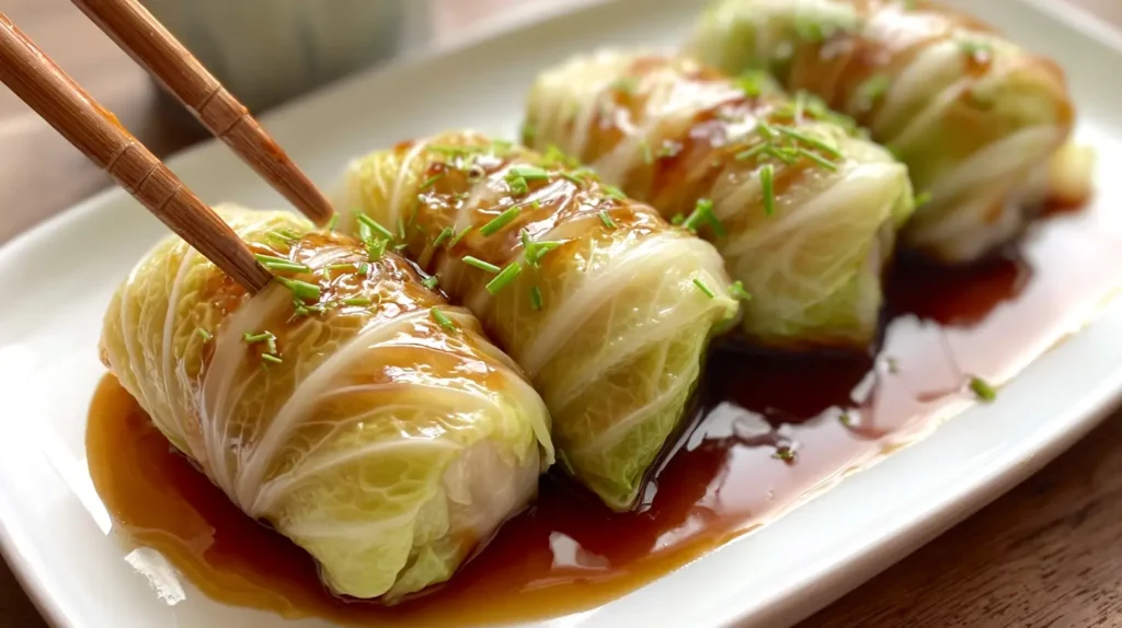 napa cabbage rolls, one about to be picked up with chop sticks