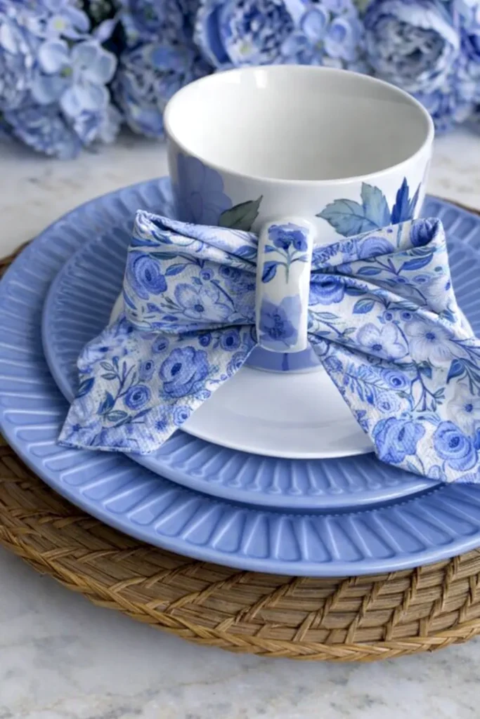 tea party table settings, bow napkin tucked in tea cup handle