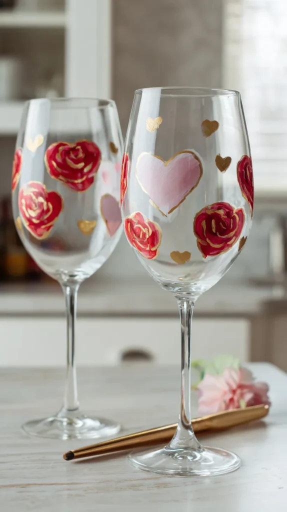 roses and hearts, wine glass painting
