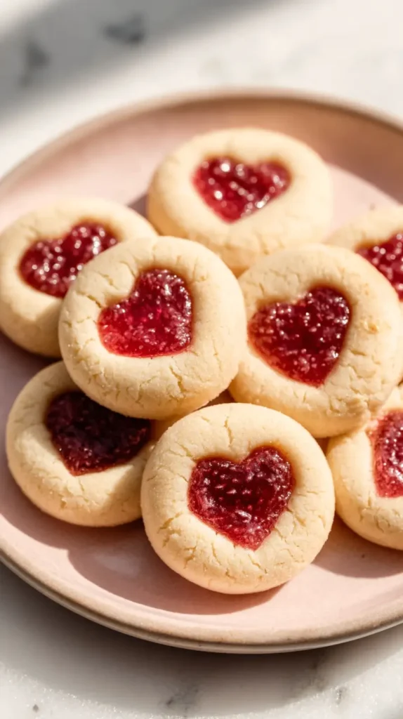 Valentine thumbprint cookies on a light pink plate