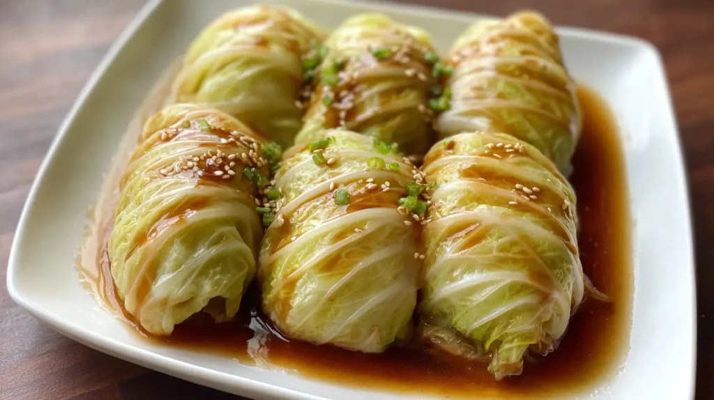 napa cabbage rolls with sauce, Asian