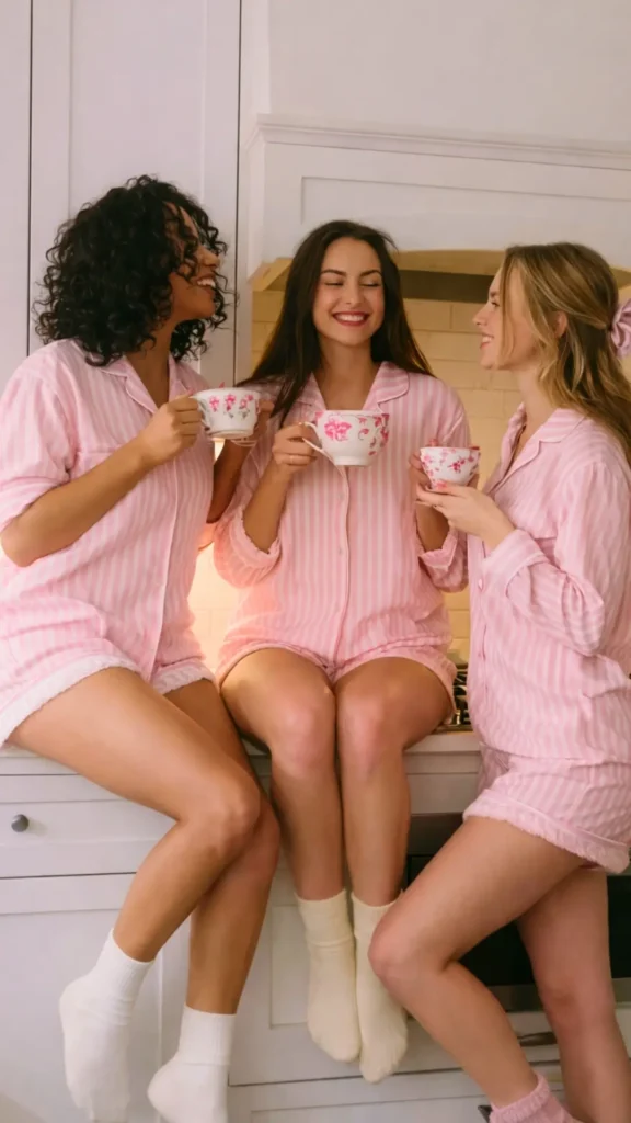 three women in the kitchen, all wearing conservative pink sleepwear, holding tea cups and talking 