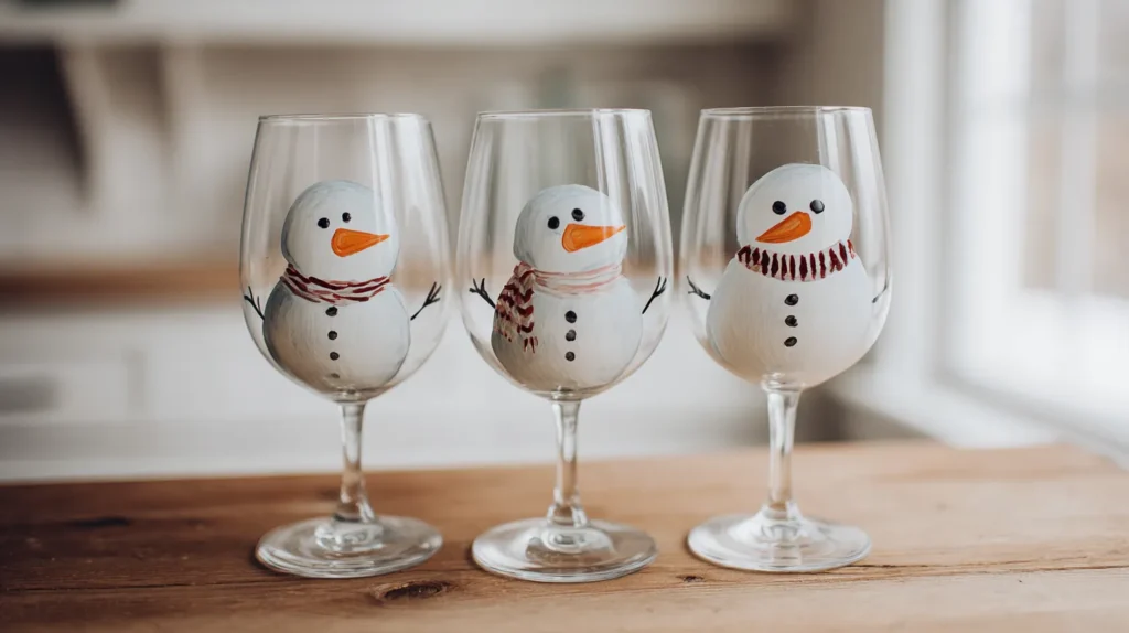 three snowmen glasses, painted wine glasses