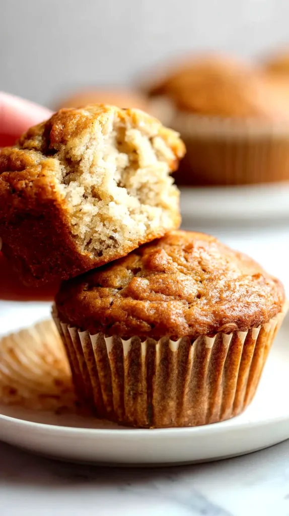 banana muffin, sliced in half, being picked up